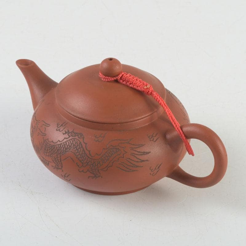 中国　紫砂　朱泥　雲龍鳳凰刻　急須　茶壷　在銘　N　9442