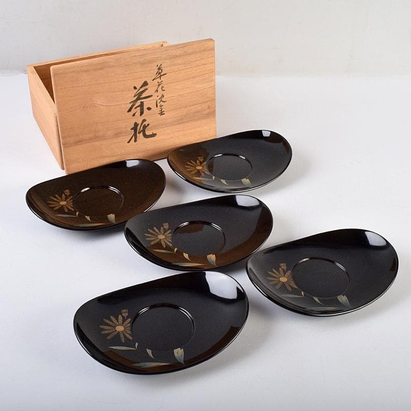 茶道具　輪島塗　三谷吾一作　花草沈金　楕円茶托　五客　共箱　M　R9469