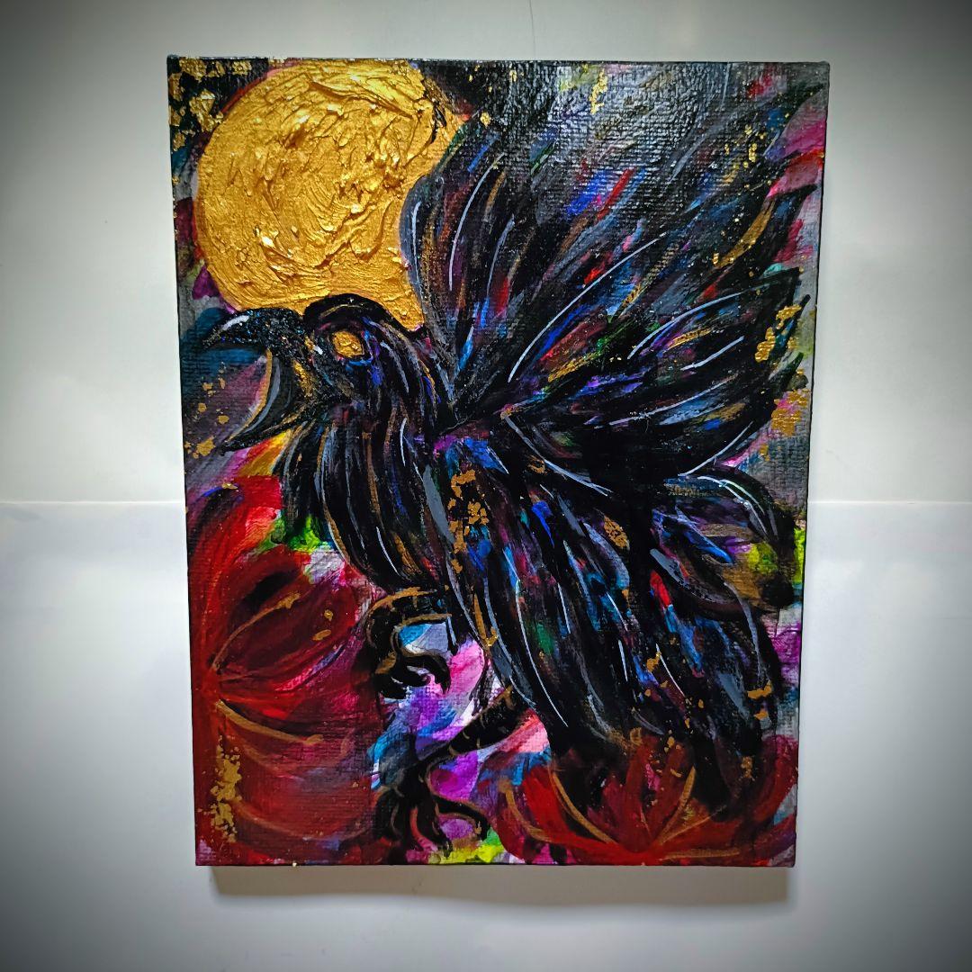 【一点物アート/F0号】八咫烏と月【現代アート/アクリル画/絵画】