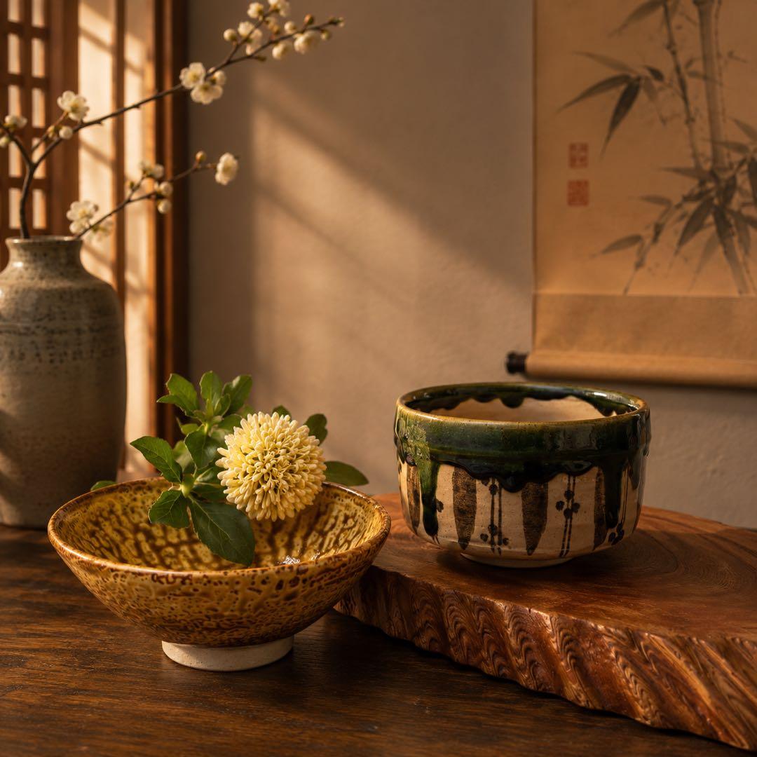 k038 茶道具 抹茶碗セット 秀泉陶苑 織部茶碗（緑釉）・黄伊羅保釉 平茶碗
