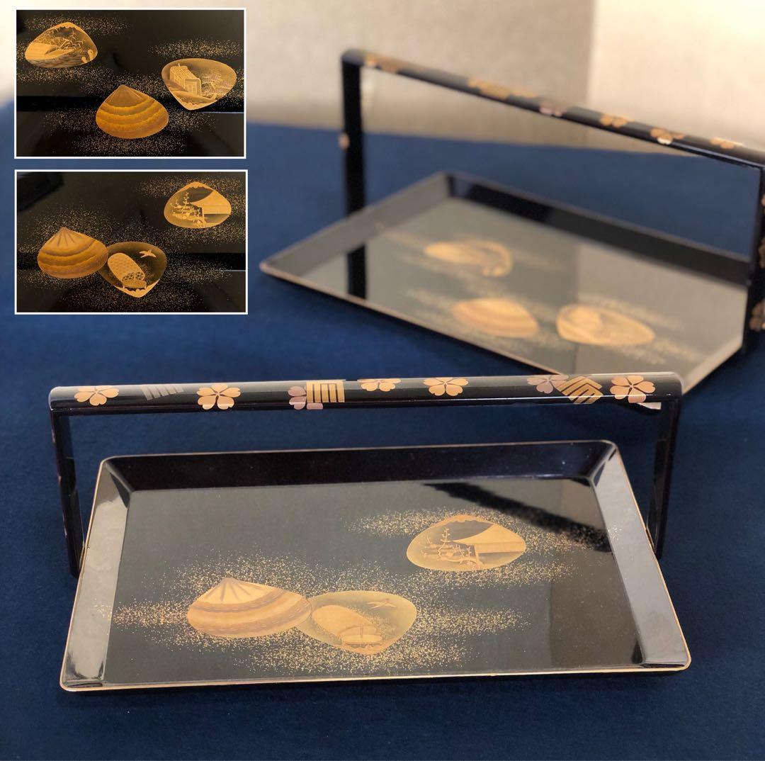 《R》黒塗縁金 梨地 源氏香貝蒔絵 手付盆 大小 入れ子 251225か3