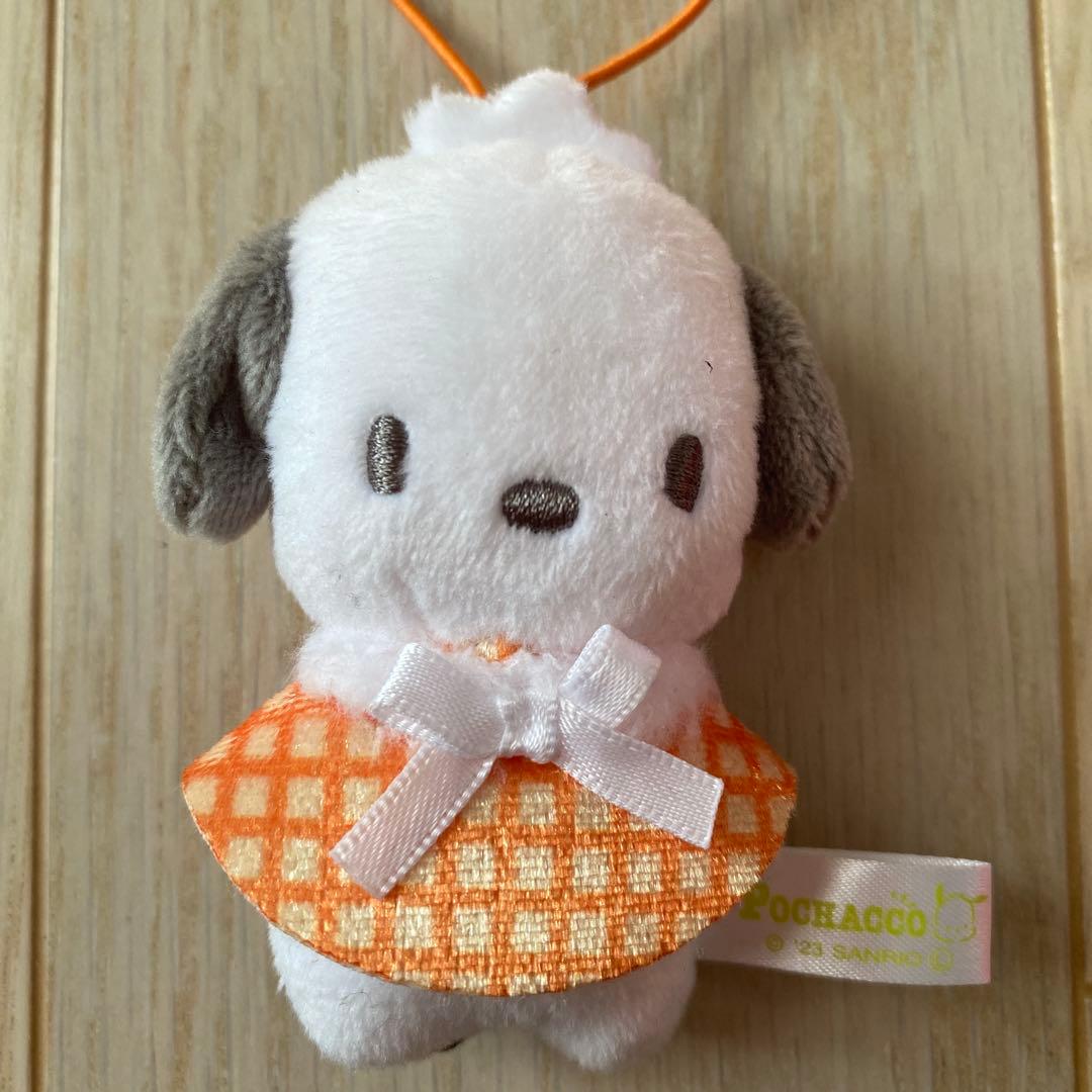 サンリオ　ポチャコ　ぬいぐるみストラップ オレンジチェック