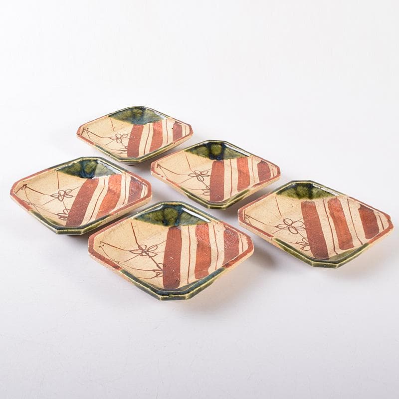 北大路魯山人作　星岡窯　織部焼　於里辺　小皿　五客　共箱　D　R8587