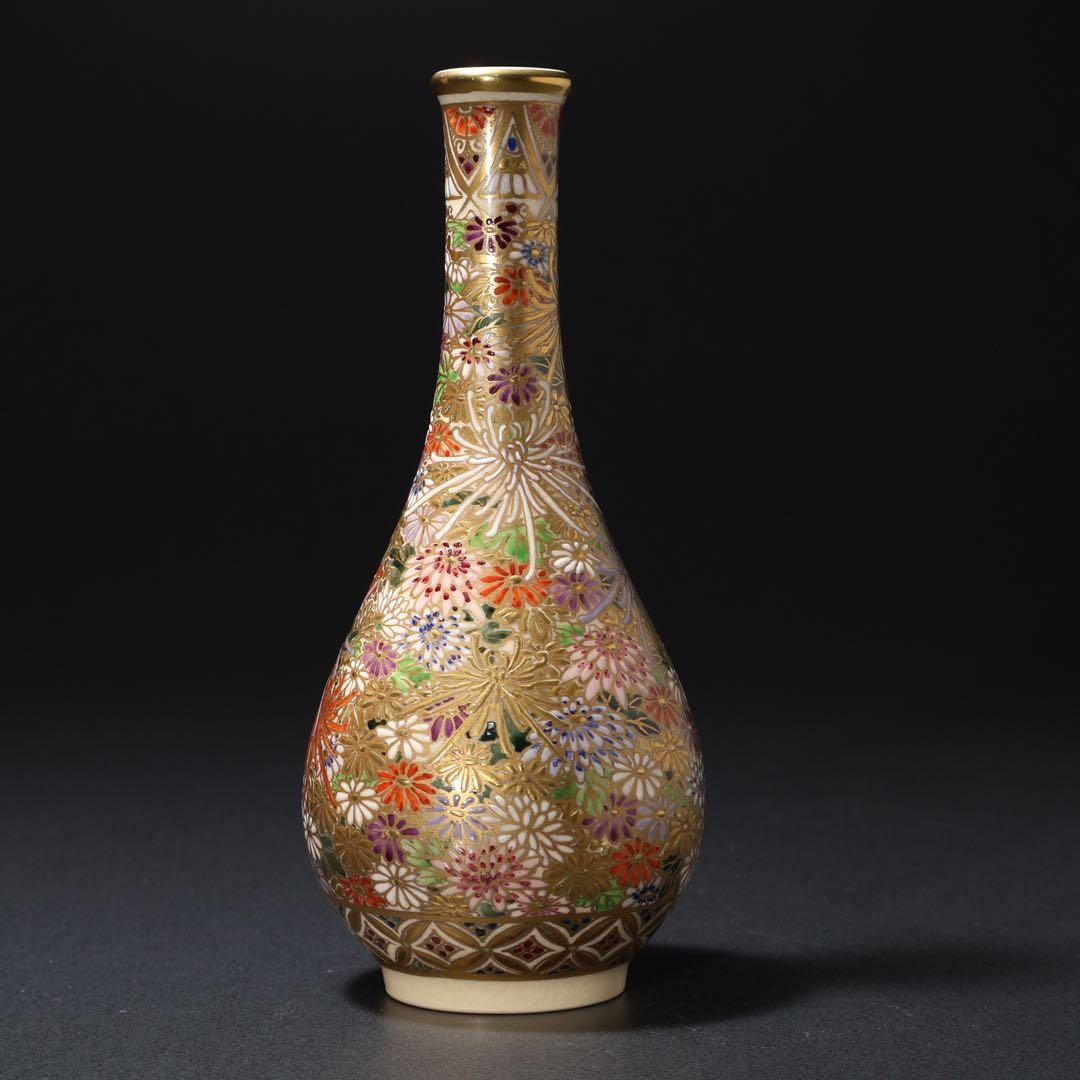 薩摩　鶴首菊図花瓶　金襴手　錦正　共箱　R1484ダN