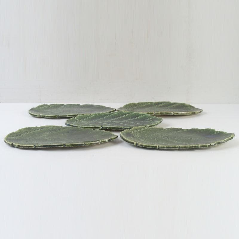 和食器　北大路魯山人作　織部焼　木の葉形　皿　五客　共箱　V　9871