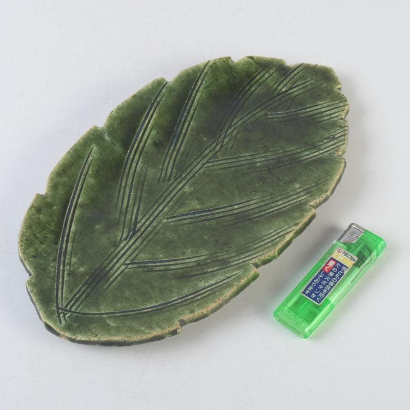 和食器　北大路魯山人作　織部焼　木の葉形　皿　五客　共箱　V　9871