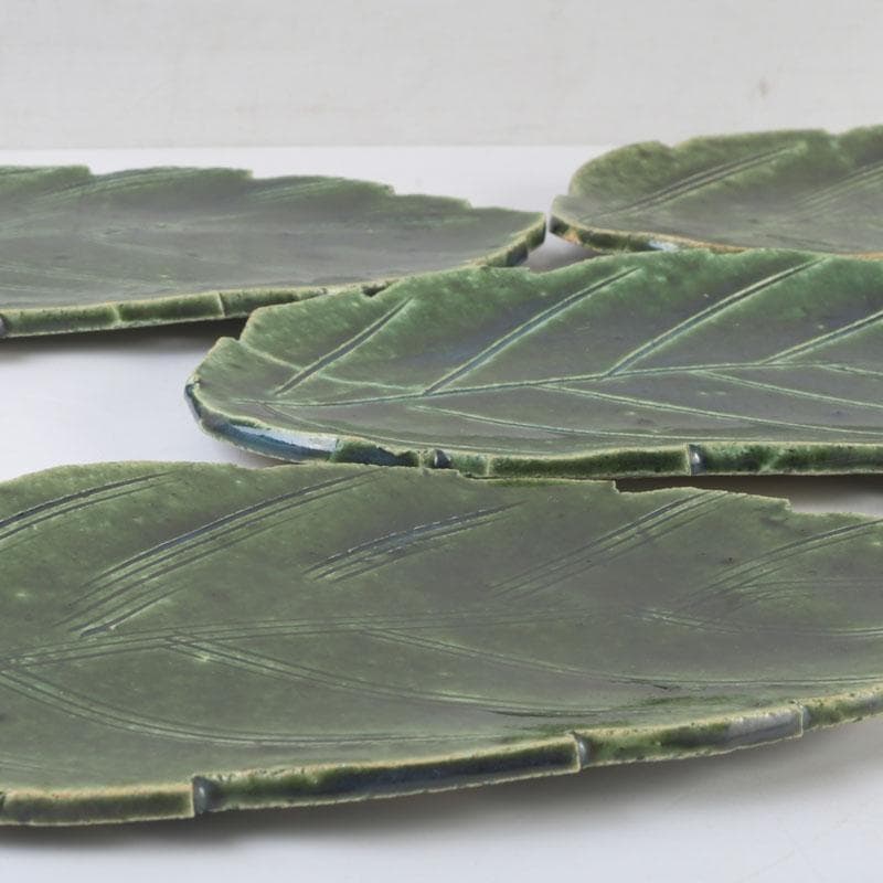 和食器　北大路魯山人作　織部焼　木の葉形　皿　五客　共箱　V　9871